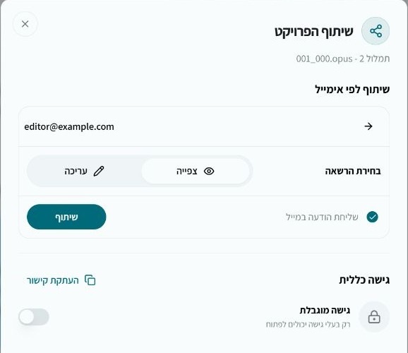 בחירת הרשאת צפייה או עריכה בעת שיתוף פרויקט תמלול